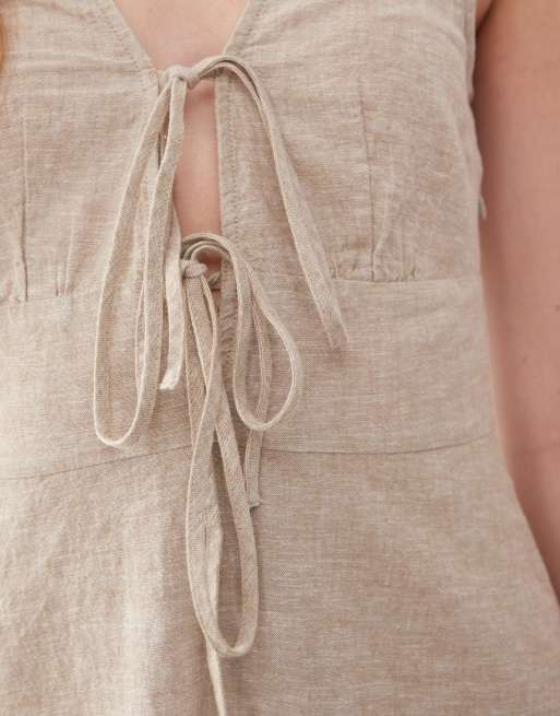 Monki linen mini dress with tie front detail in white exclusive to ASOS
