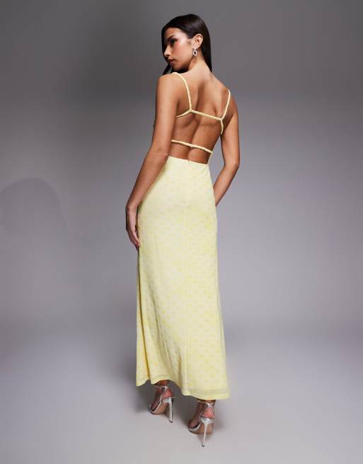 Rare London ruched bust lace detail strappy back midi dress in yellow polka dot