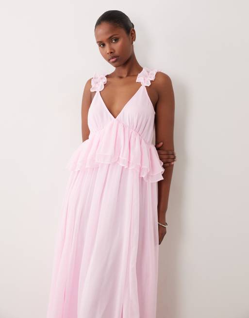 Vila ruffle strap chiffon maxi dress in cherry blossom pink