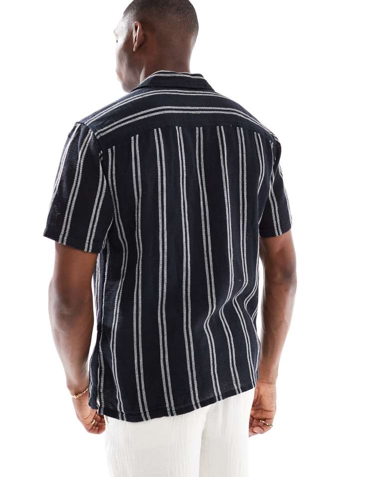 ONLY & SONS textured revere collar shirt in navy stripe