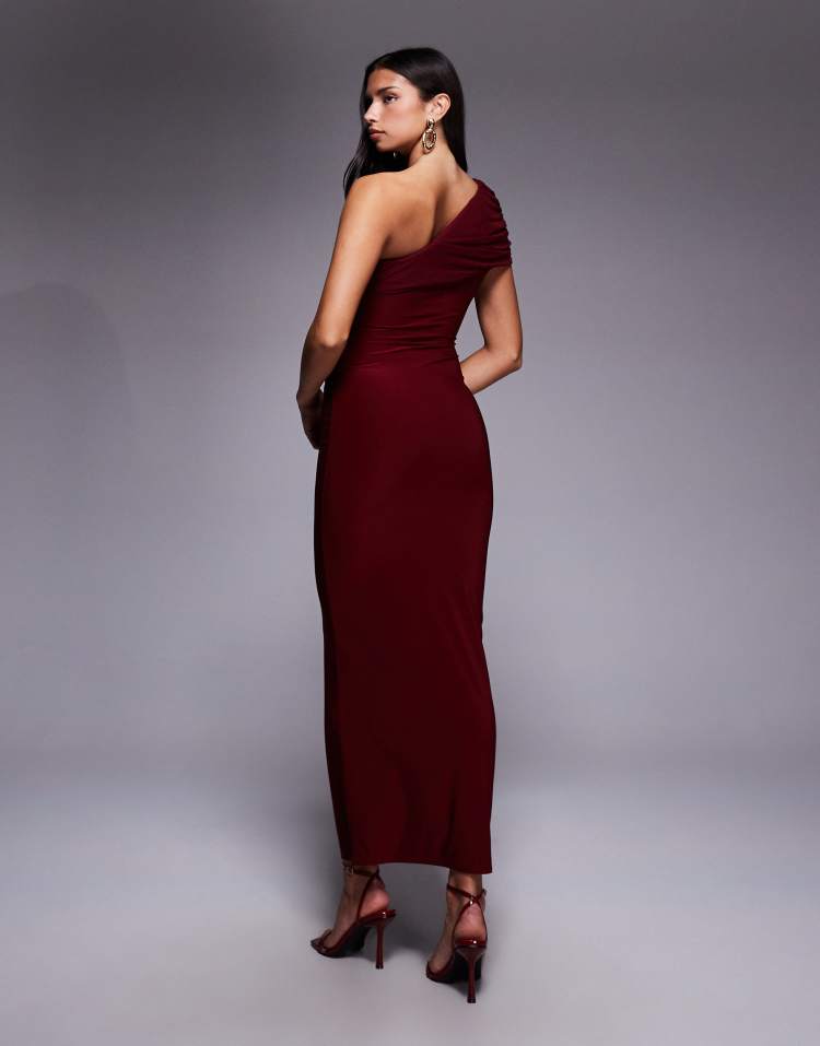Kaiia exclusive double layered slinky mesh one shoulder drape detail maxi dress in wine