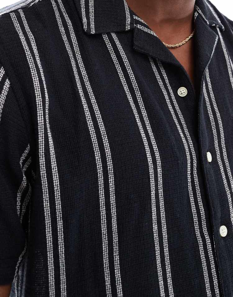 ONLY & SONS textured revere collar shirt in navy stripe