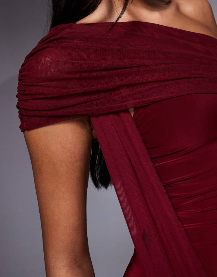 Kaiia exclusive double layered slinky mesh one shoulder drape detail maxi dress in wine