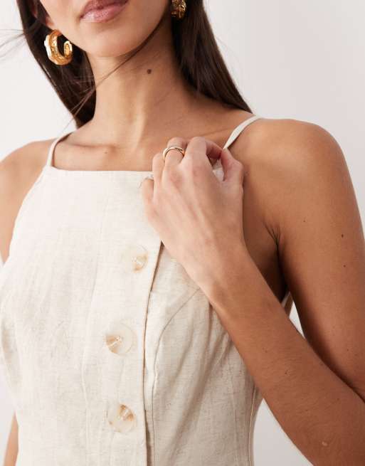 SNDYS linen & cotton blend square neck button detail ruffle hem mini dress in oat
