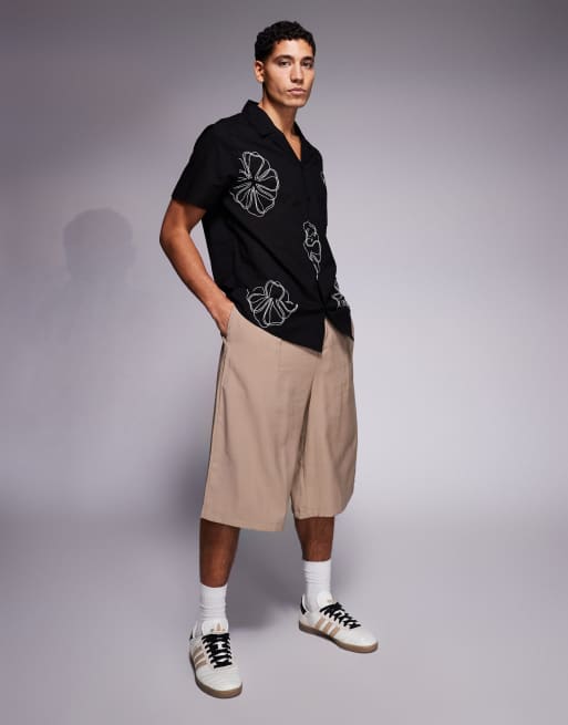 South Beach embroidered revere shirt in black