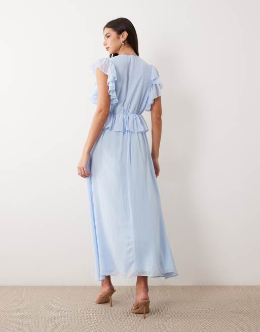 YAS frill detail chiffon maxi dress in pale blue