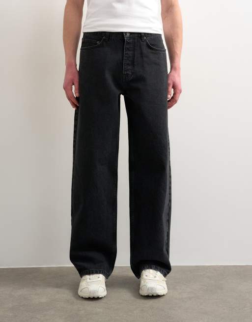 Topman circular design rigid baggy jean in washed black