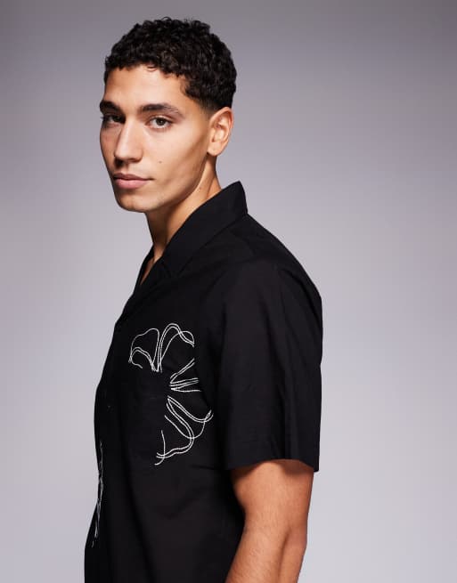 South Beach embroidered revere shirt in black