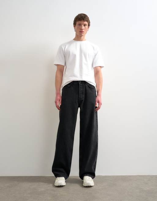 Topman circular design rigid baggy jean in washed black