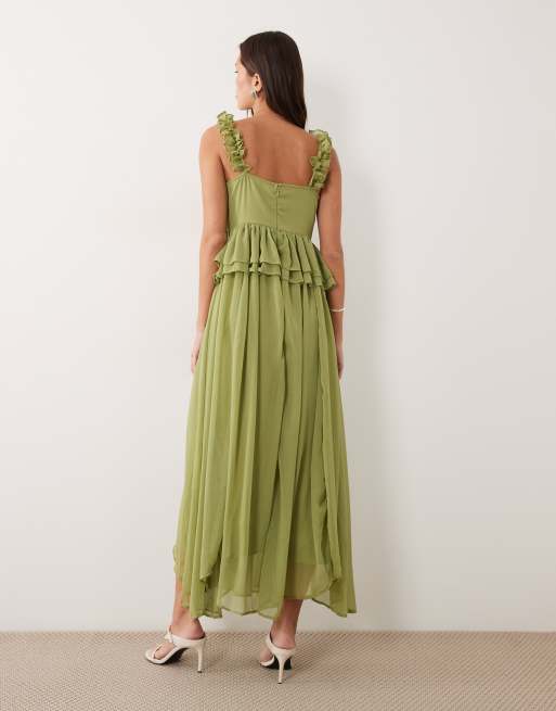 Vila ruffle strap chiffon maxi dress in deep sage