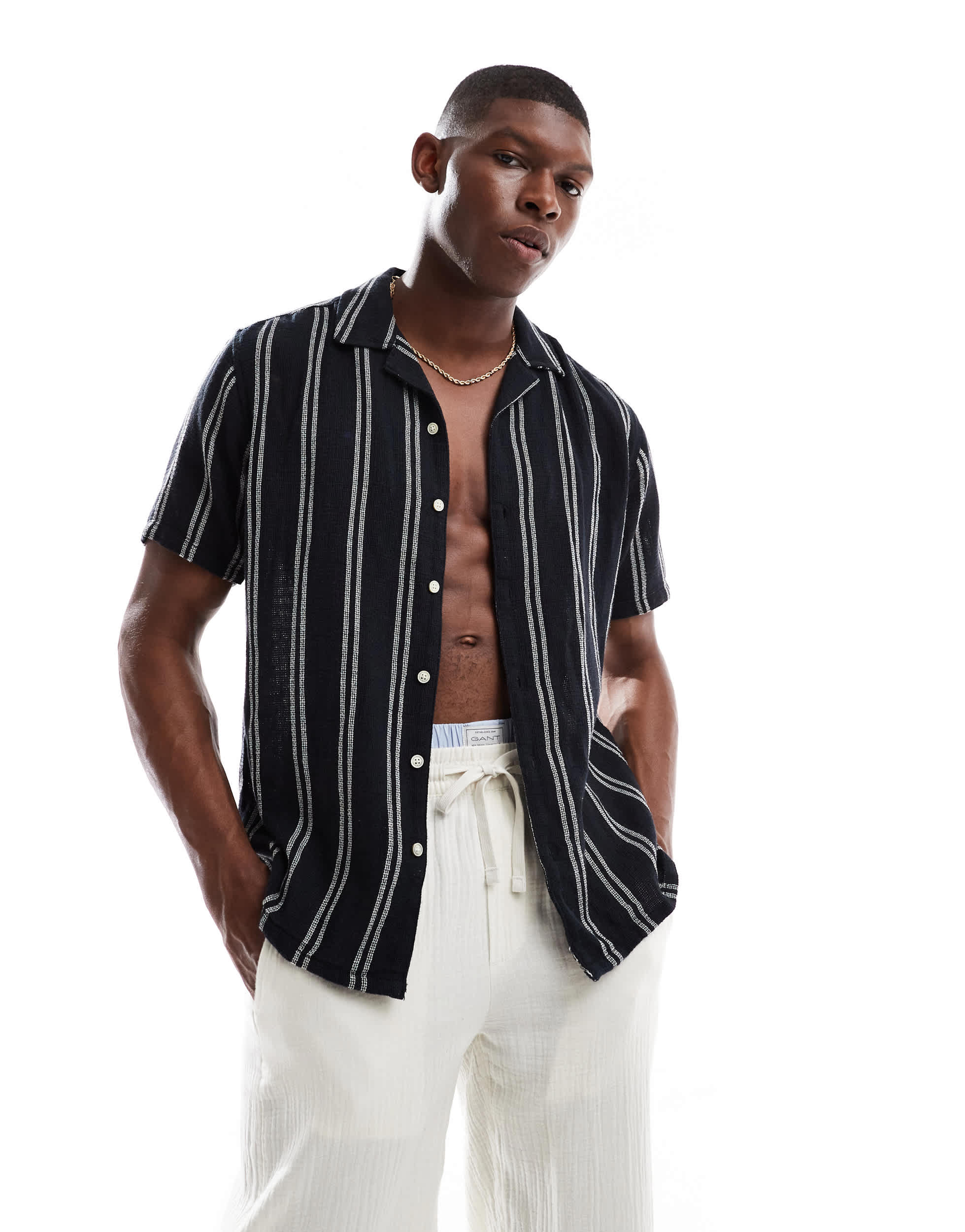 ONLY & SONS textured revere collar shirt in navy stripe