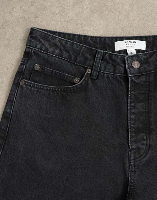 Topman circular design rigid baggy jean in washed black