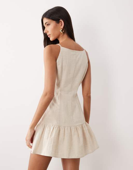 SNDYS linen & cotton blend square neck button detail ruffle hem mini dress in oat