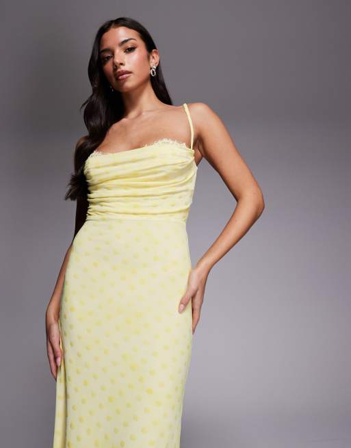 Rare London ruched bust lace detail strappy back midi dress in yellow polka dot