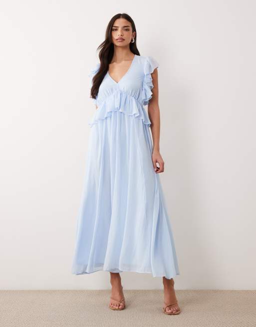 YAS frill detail chiffon maxi dress in pale blue