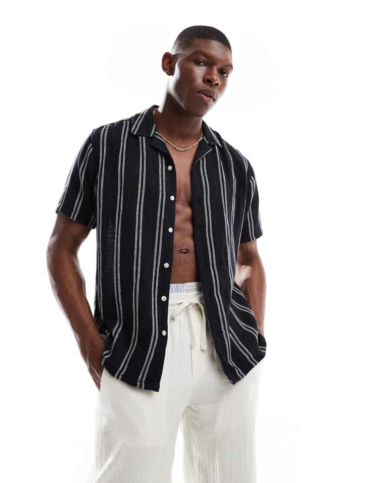 ONLY & SONS textured revere collar shirt in navy stripe