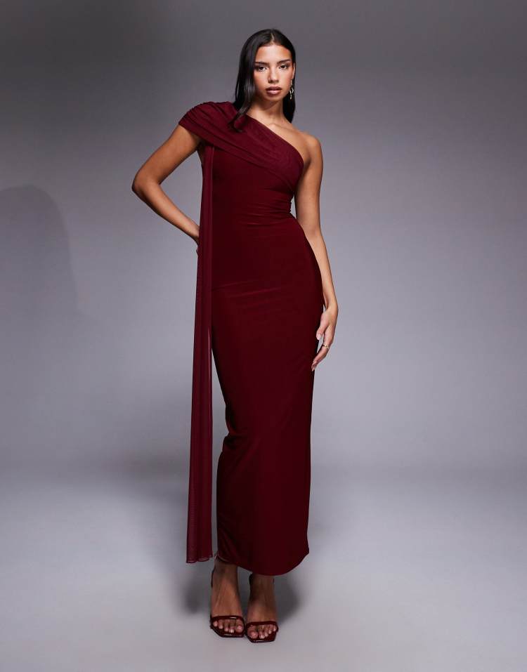 Kaiia exclusive double layered slinky mesh one shoulder drape detail maxi dress in wine