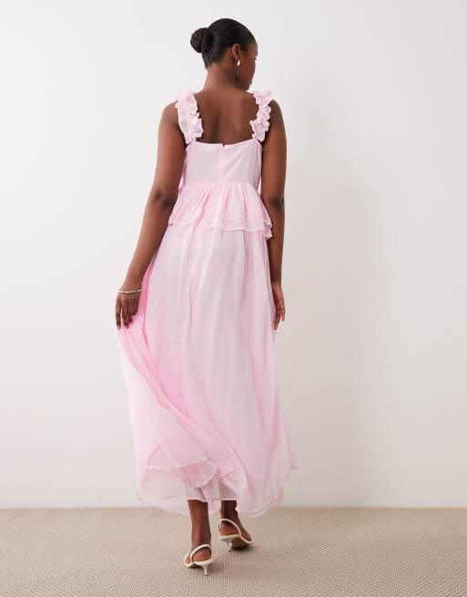 Vila ruffle strap chiffon maxi dress in cherry blossom pink
