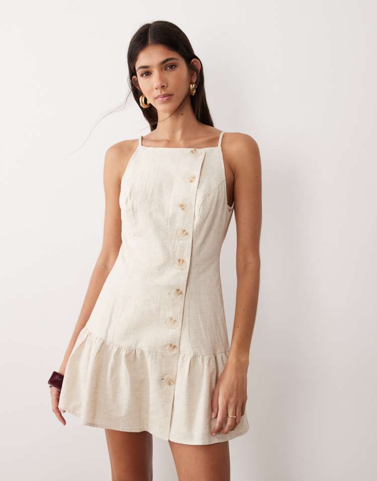 SNDYS linen & cotton blend square neck button detail ruffle hem mini dress in oat