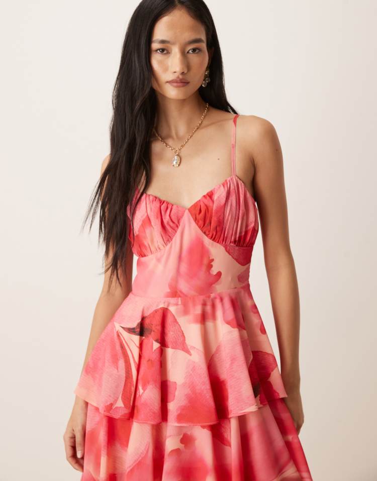 Pretty Lavish Madison ruched bust detail tiered ruffle skirt maxi dress in red and pink floral