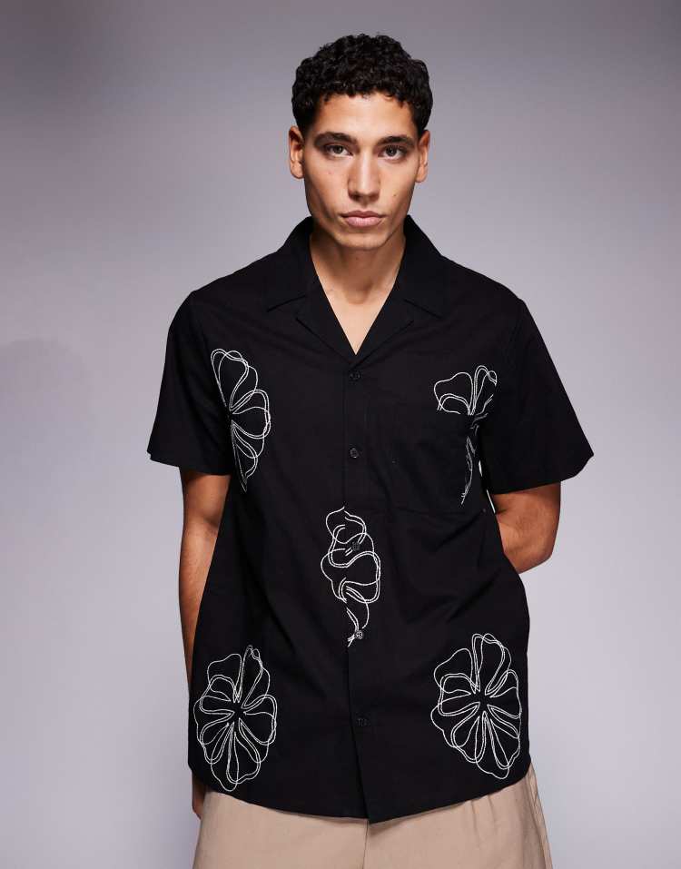South Beach embroidered revere shirt in black
