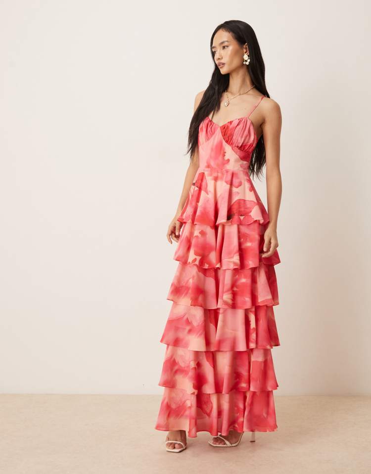 Pretty Lavish Madison ruched bust detail tiered ruffle skirt maxi dress in red and pink floral