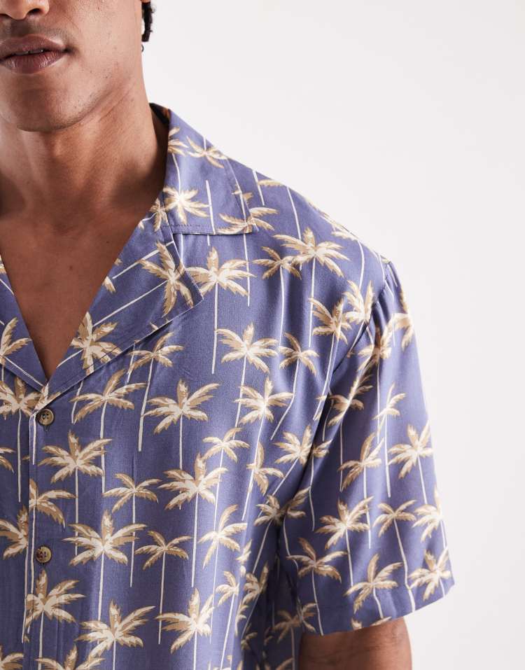 Sol Beach leaf print beach shirt in navy