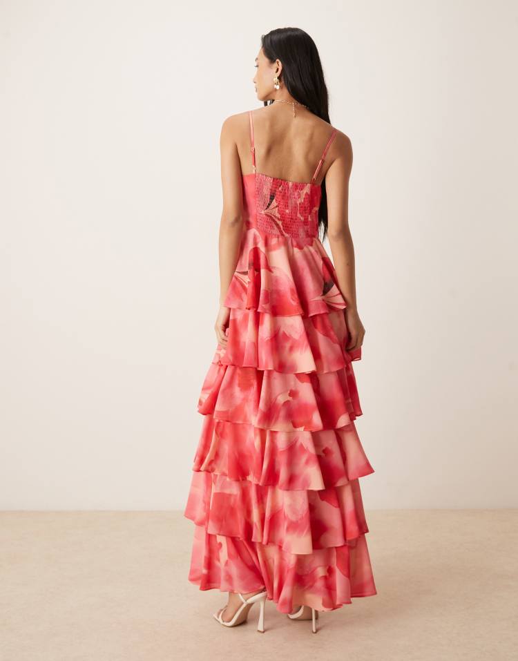 Pretty Lavish Madison ruched bust detail tiered ruffle skirt maxi dress in red and pink floral