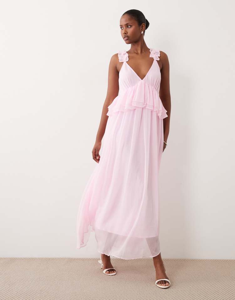 Vila ruffle strap chiffon maxi dress in cherry blossom pink
