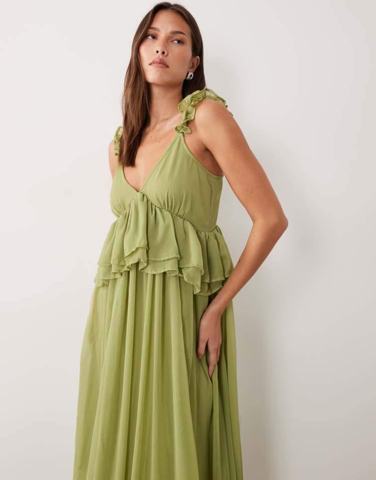 Vila ruffle strap chiffon maxi dress in deep sage