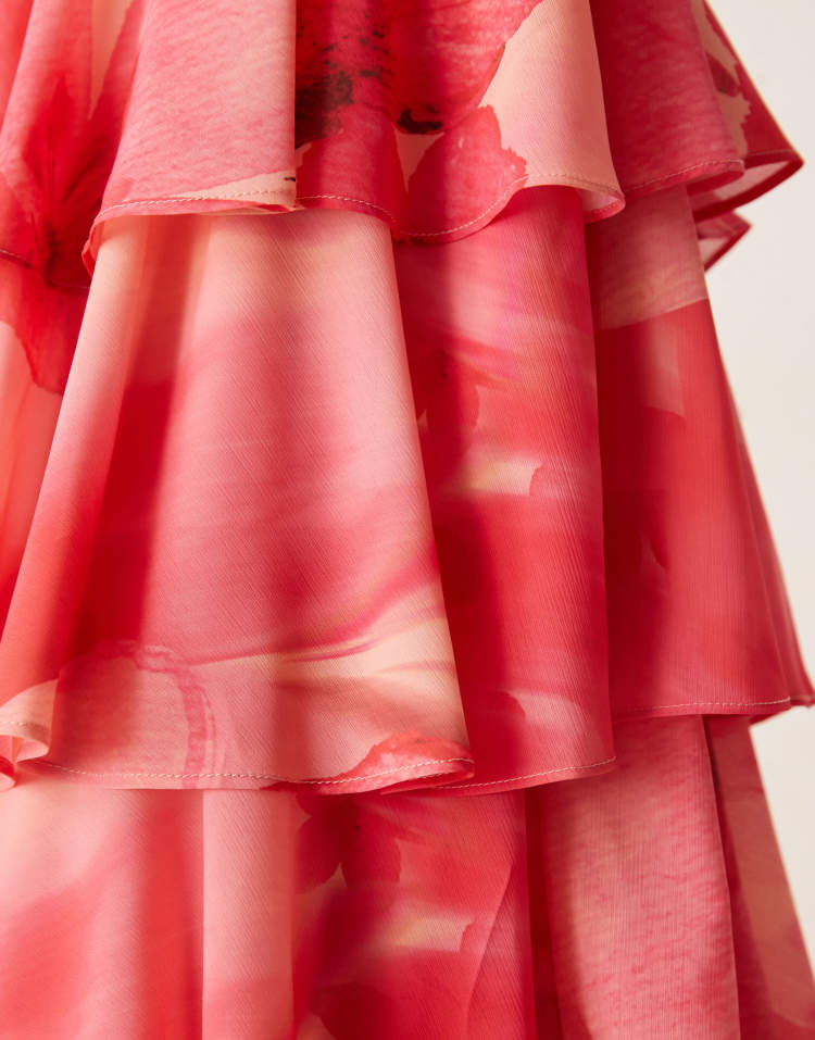 Pretty Lavish Madison ruched bust detail tiered ruffle skirt maxi dress in red and pink floral