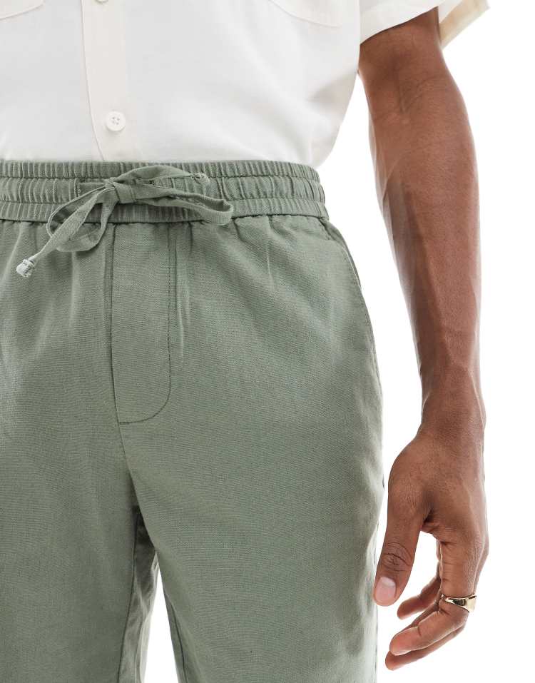 ONLY & SONS linen mix tie waist shorts dark sage