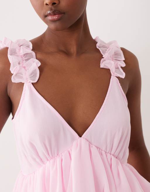 Vila ruffle strap chiffon maxi dress in cherry blossom pink