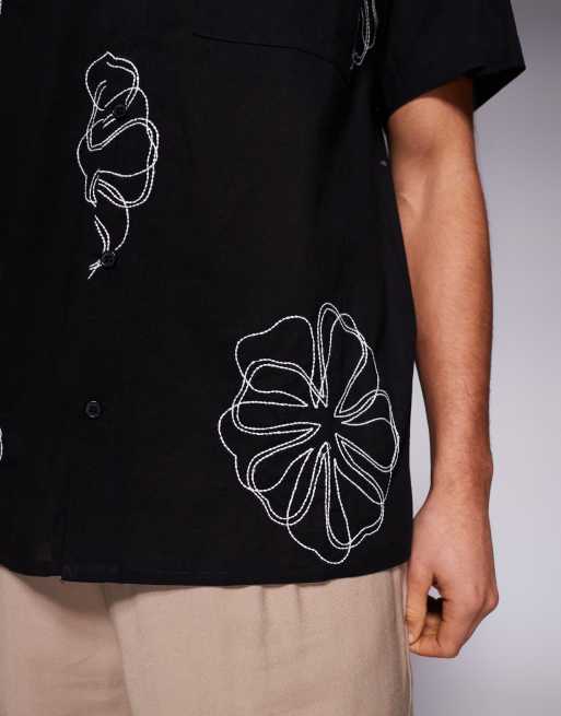 South Beach embroidered revere shirt in black