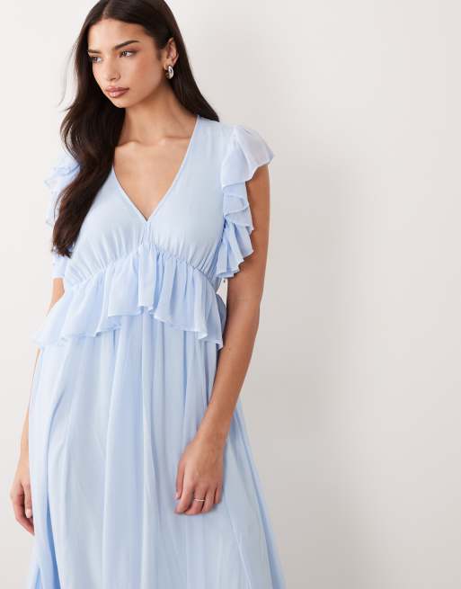 YAS frill detail chiffon maxi dress in pale blue